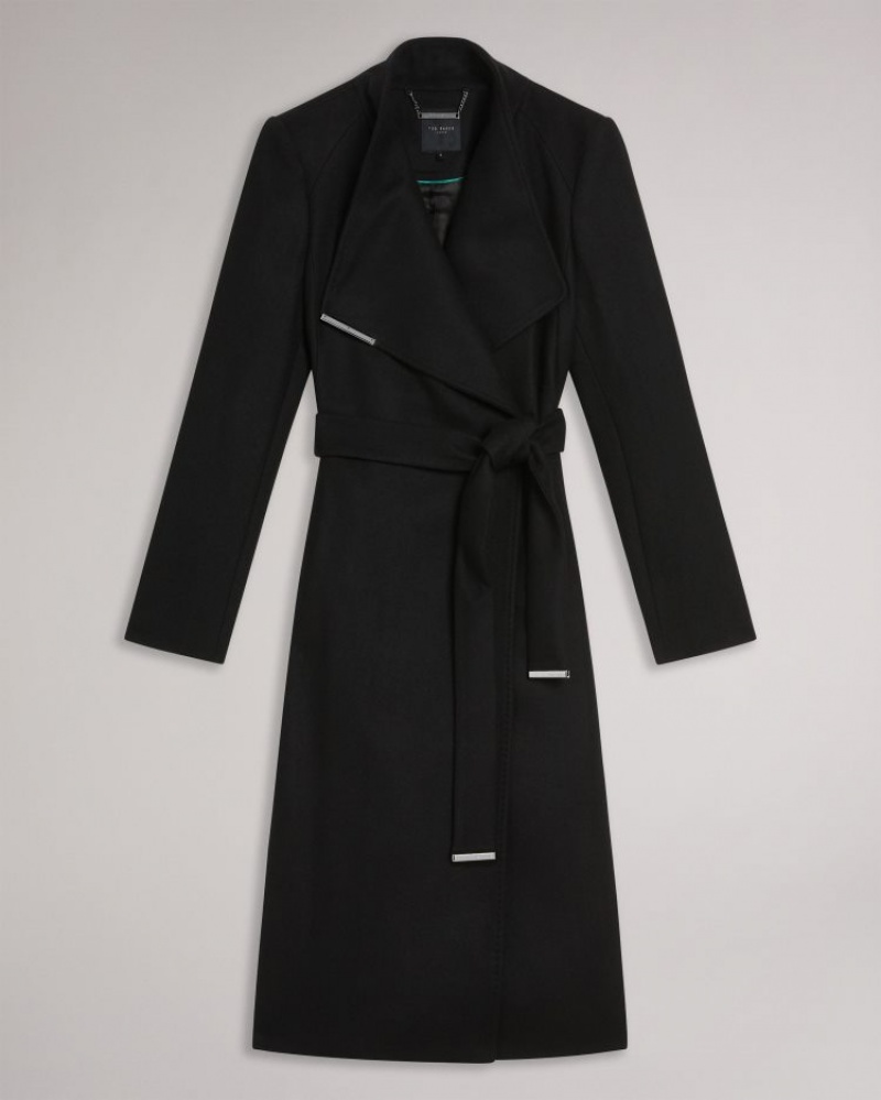 Ted Baker Coats Clearance Sale NZ Rose Midi Wool Wrap Coat with Shoulder Panels Womens Black New Zealand